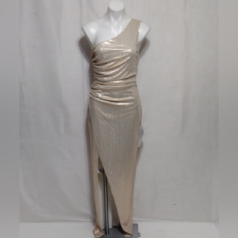 NWT BCBGMAXAZRIA Leoni One Shoulder Ruched Side Slit Metallic Evening Gown M
